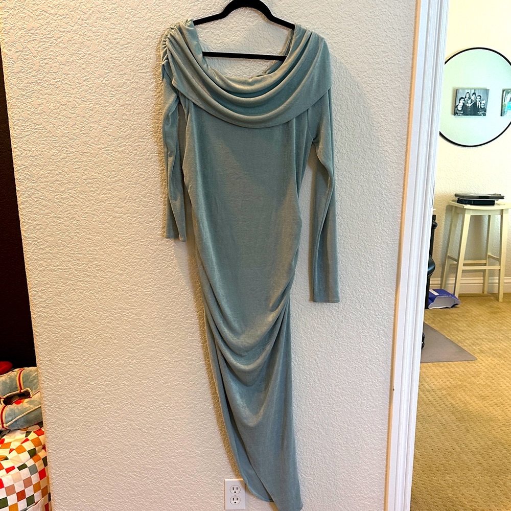 ASOS Draped Long Sleeve Asymmetric Maxi Dress - Sage